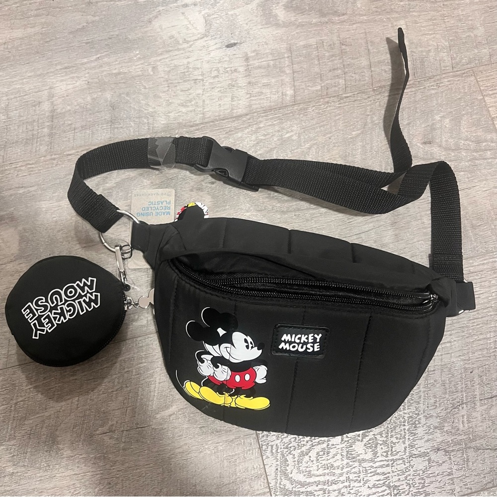 NWT DISNEY Mickey Mouse Belt Bag Black Nylon With Coin Pouch ADJUSTABLE STRAP
